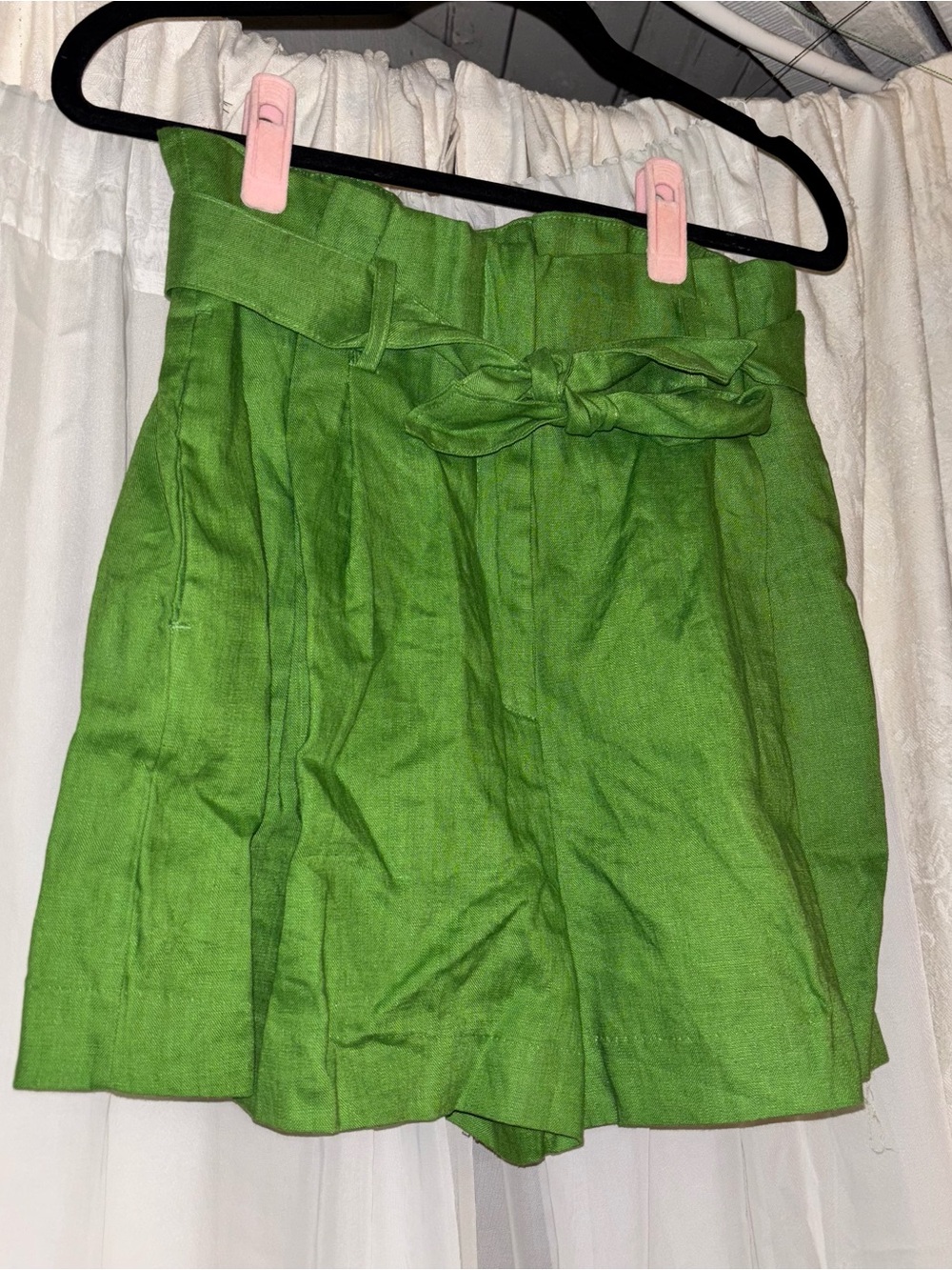 MNG Mango Green Paperbag Waist Belted Linen Blend Shorts | Women’s Medium
